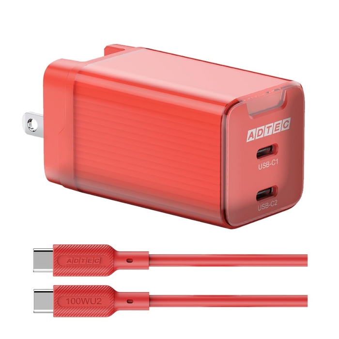 Power DeliveryΉ GaN AC[d/65W/USB Type-C 2|[g/bh  Type-C to C\tgP[u(1m)ZbgyAPD-V065C2-RD-SC10U2z