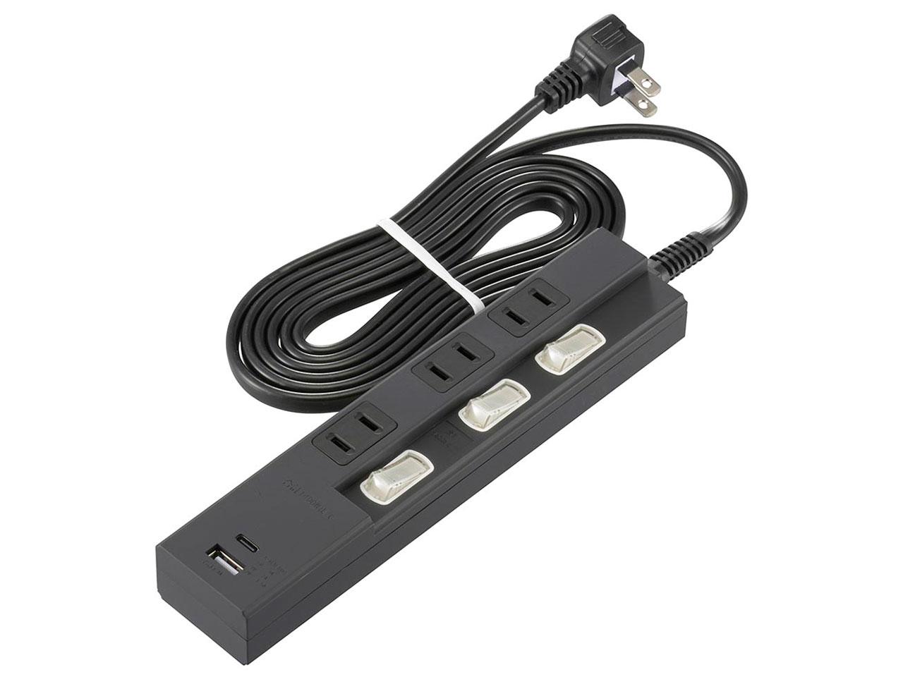 節電タップ(3個口/2m/Type-C[PD対応]×1、Type-A×1/LED付個別スイッチ/L型プラグ/ブラック) HS-TPU32PD23-K