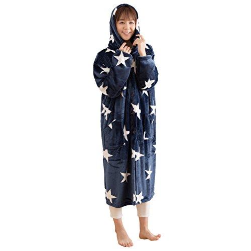  【484764Q6】mofua(モフア) プレミアムマイクロファイバー着る毛布 フード付（ルームウェア）（NT) 着丈110cm 星柄 ネイビー
